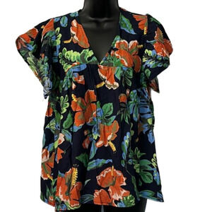 RAIN Short Sleeve Shirt Tropical Blue Women Size Medium